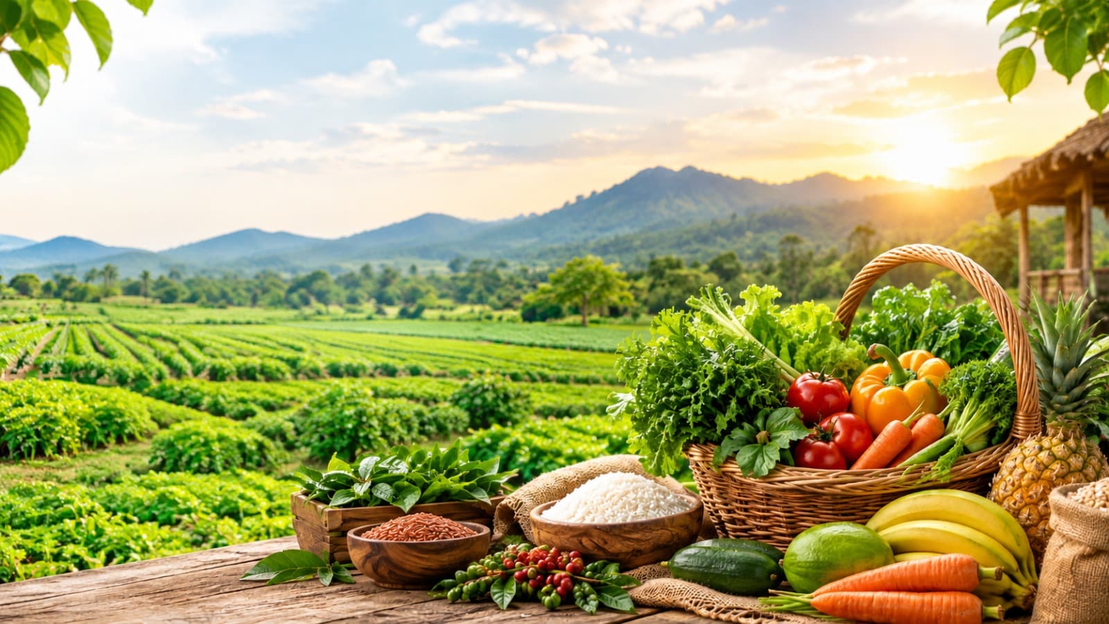 A basket of fresh Sri Lankan produce overlooking green farmland and hills at sunrise